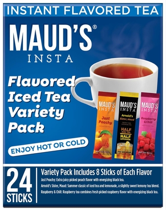 Maud's Instant Iced Tea Variety Pack, 24ct. Solar Energy Produced Single Serve Iced Tea Travel Instant Packs, Instantly Hot or Iced Tea, 100% California Tea Blend; Lemonade Peach & Raspberry Iced Tea