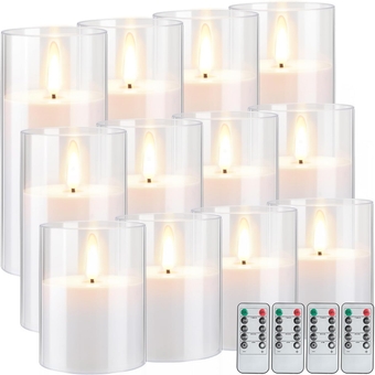 12 Pcs Acrylic Flameless Candles Battery Operated Flickering Flameless Candles with Remote Control and Timer Led Pillar Candles Battery Powered for Home Christmas Wedding Valentines Decor