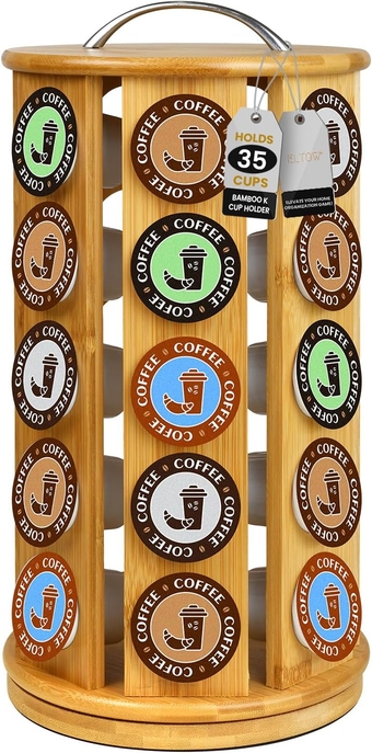 Bamboo K Cup Carousel Coffee Station Organizer for Countertop, K Cup Stand Holds 35 Pods, Spins 360 Degrees, Great for Home and Office