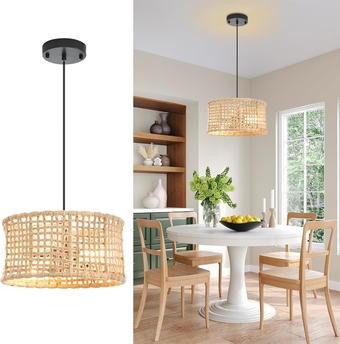 Boho Chandelier, 2-Lights Pendants Lighting, Hand Woven Hemp Rope Rattan Wicker Lampshade,Farmhouse Cage Shade Drum Rustic Farmhouse Industrial Hanging Light Fixture,Dining Room Kitchen Island Bedroom