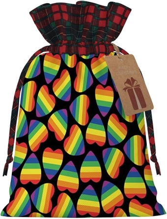 Rainbow Color, Xmas Buffalo Plaid Burlap Gift Bag with Drawstring,Rainbow Colored Striped Heart,Holiday Party Decoration with Name Tag,Gay Love Hearts,S