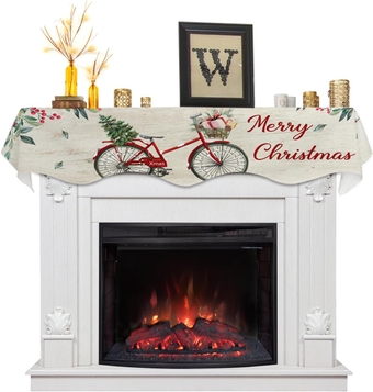 Christmas Mantel Scarf for Fireplace,Christmas Watercolor Bike with Pine Mantel Shelf Top Scarves Runner Mantel Cover XMAS Fireplace Decoration for Home Room Holiday,Holly Branch on Retro Wood Grain