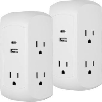 UltraPro 5-Outlet Extender with USB and USB-C Port, 2 Pack, Surge Protector, Spaced Wall Tap, Side-Access, Charging Station, for iPhone/iPad/Samsung Galaxy, 560 Joules, UL Listed, White, 50037