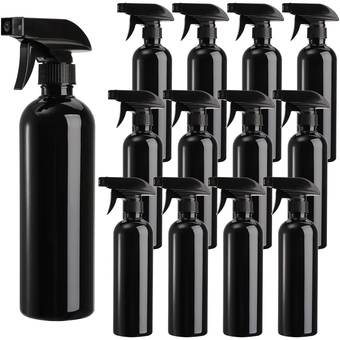 12 Pack Empty Spray Bottles, 16oz Plastic Durable Black Spraying Bottles with Mist and Stream Option, Leak-proof Sprayers for Cleaning Solutions, Alcohol, Essential Oils, Hair Misting