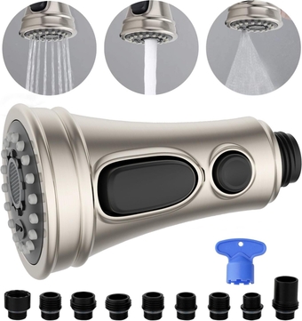 Pull Down Spray Head 3 Modes for Kitchen Faucet, Kitchen Sink Aerator Faucet Sprayer Nozzle, 12 Adapters Faucet Head Replacement Compatible with Moen, Delta, Kohler Faucet, Brushed Nickel