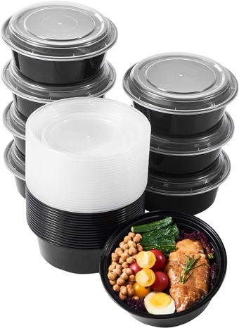 32 oz 50 ct Round Meal Prep Containers with Lids Plastic Food Storage Lunch Plan To Go Box Disposable Take Out Bowls Black BPA Free Reusable Durable Stackable Microwave Freezer Dishwasher Safe