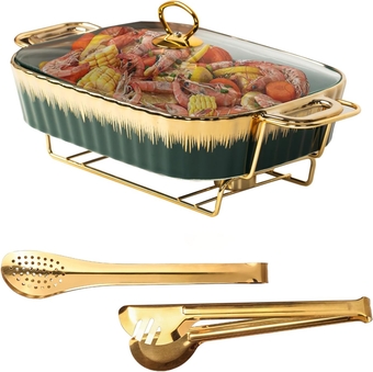 Ceramic Chafing Dish for Buffet – Green Food Tray with 2 Gold Tongs, Family Size Chafer with Glass Lid, Serving Soup, Rectangular Catering Casserole for Party Style (Large 2.4 qt)