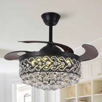 Modern 42 inch Crystal Ceiling Fan with Light and Remote, Invisible Retractable Black Chandelier Ceiling Fans Lighting with 3 Lights Level and 3 Speeds for Dining Living Room