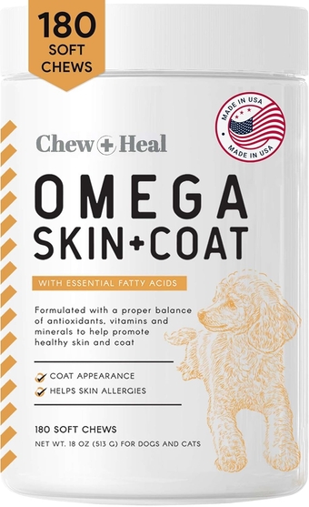 Salmon Oil for Dogs - 180 Soft  Omega Treats for Skin and Coat - Fish Oil Blend of Essential Fatty Acids, Omega 3 and 6, Vitamins, Antioxidants and Minerals - Made in USA