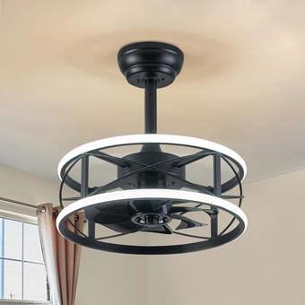 Ceiling Fans with Lights, Caged Ceiling Fan with Light and Remote, Industrial Ceiling Fan with Dimmable LED Lights, Small Bladeless Ceiling Fan with Light for Bedroom, Kids Room(Black)