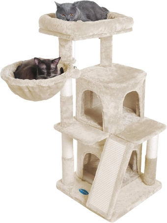 Cat Tree with Scratching Board, 2 Luxury Condos, 41.34 inches Cat Tower with Padded Plush Perch and Cozy Basket, Beige MPJ004M