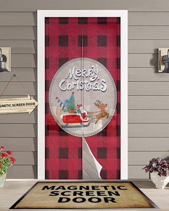 Christmas Santa Sled Elk on Wood Magnetic Screen Door, Red Black Buffalo Plaid Xmas Hands Free Screen Mesh Size 38'' x 83'', Reinforce Heavy Duty Mesh Screen Doors for Patio/Sliding Door