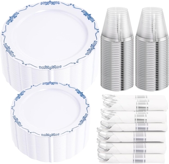 350Pcs Blue and White Plastic Plates Disposable Blue Plates for Party Wedding Include 50 Dinner Plates, 50 Dessert Plates- 50 Per Rolled Napkins with Silver Cutlery- 50 Disposable Cups 9 OZ