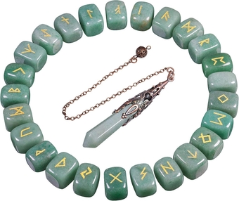 Green Aventurine Runes Stones Set & 6 Facted Crystal Pendulum for Divination Dowsing Meditation Balancing