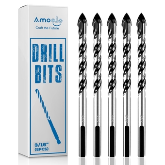 3/16" Concrete Drill Bit & Masonry Drill Bit Set(5PCS), Carbide Tip Drill Bit Set for Tile, Brick, Cement, Concrete, Glass, Plastic, Cinder Block, Wood etc