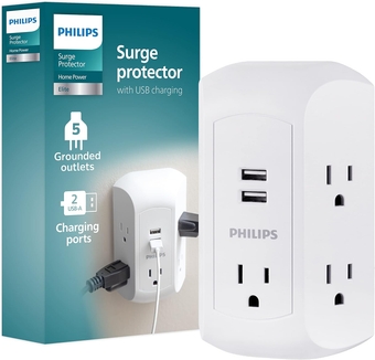 Philips 5-Outlet Extender, Grounded Wall Tap, 3-Prong, 2 USB-A, Surge Protector, Adapter Spaced Outlets, Side Access, 560 Joules, Quick and Easy Install, White, SPS5002WA/37