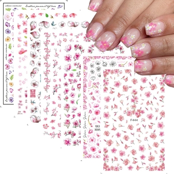 Flower Nail Art Stickers Decals Pink Cherry Blossoms 3D Self-Adhesive Nail Decals Spring Floral Nail Art Supplies Pink Flowers Leaf Design Nail Charms for Women DIY Manicure Decoration 7 PCS