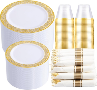 210 PCS Gold Plastic Plates Gold Plastic Dinnerware Sets Includes: 30 Dinner Plates, 30 Salad Plates, 30 Pre Rolled Napkins with Gold silverware,30 Cups 9 OZ, Perfect for Wedding and Party