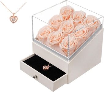 Valentines Day Gifts for Her Preserved  in a Box Eternal  with Necklace Gift for Mother's Day Wedding Anniversary Birthday (Golden Pattern Square Box, Champagne )