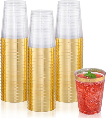 200 Pack Gold Plastic Cups 10 Oz Clear Plastic Cups Gold Rimmed Disposable Wine Glasses Fancy Disposable Party Cups Wedding Tumblers Drinking Cups Plastic Cocktail Glasses Gold Cups
