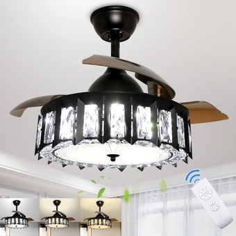 42" Crystal Ceiling Fan with Lights, Industrial Ceiling Fan with Remote, 36W Black Ceiling Fans Light Fixture 3-Blade Retractable LED Fan Chandelier for Living Room, 3 Color Changeable, Timing