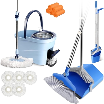 Spin Mop and Bucket Set with 5 Reusable Mop Pads, Dustpan and Broom Set for Home Kitchen Office