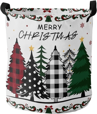 Boho Christmas Laundry Basket, Collapsible Bag with Easy Carry Handles, Large Waterproof Foldable Freestanding Hamper, Folding Washing Bin Clothes Storage Round Geometric Bohemia Plaid Dot Trees