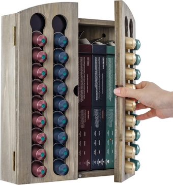 Wall Mounted Vintage Gray Solid Wood Coffee Pod Holder Sliding Dispenser Rack, Capsule Slider Rack and Refill Sleeve Storage Cabinet, Compatible with Nespresso Original Pods, Holds 36 Capsules