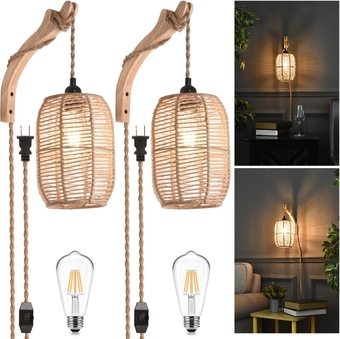 Plug in Wall sconces,Dimmable Switch Wall lamp with Plug in Cord,Hand Boho Rattan lampshade,Wall Lamps That Plug Into Wall Outlet,Suitable for Bedroom Living Room Twine Wall Sconce Set of 2