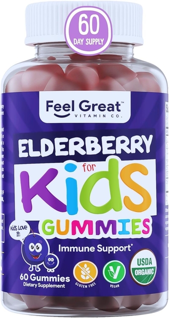 USDA Organic Elderberry Gummies | Kids Immune Support - Kids Elderberry Gummies with Zinc and Vitamin C - Gluten Free & Vegan Children's Vitamins - 60 Gummies | Sambucus Nigra Supplement