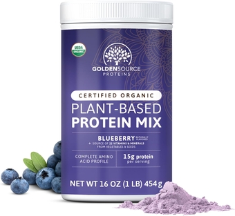 GoldenSource Proteins, Blueberry, Plant Based Protein Powder, Protein Mix, Protein Powder with 22 Vitamins & Minerals, 15g of Protein, & Complete Amino Acid Profile, Vegan Protein Powder