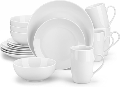 16-Piece Gourmet Porcelain Dinnerware Sets, Modern White Round Dish Set for 4 - Premium Serving Plates and Bowls Sets for Dessert, Salad, Soup, Pasta - Series AMELIA