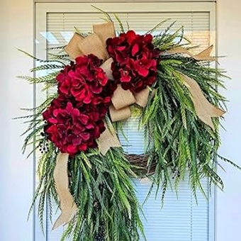 Red Hydrangea, Berry, Burlap Bow Wreath for Outdoor Winter Front & Double Door, Handmade Vday Porch Decor, Valentines Day Home Decoration - Grapevine Base 18 inches