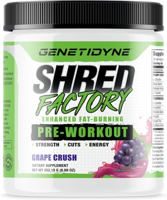 Shred Factory Enhanced Fat-Burning Pre-Workout Grape Crush Flavor - 8.89 Oz 30 Servings - Pre-Workout Dietary Supplement Powder for Men and Women