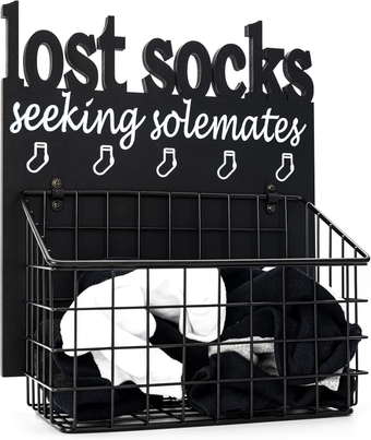 Lost Socks Basket for Laundry Room, Cutout Letters Lost Socks Laundry Room Decor Organization, Rustic Farmhouse Wooden Laundry Basket Sign Wall Decor With Attached Basket Black
