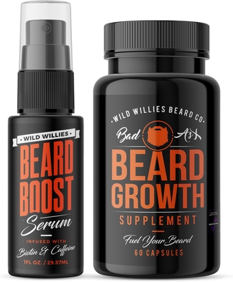 Beard Growth Serum & Vitamins Supplement Set - Natural Beard Care with Biotin & Caffeine for Thicker & Healthier Beard - Growth Pills with Biositol Complex & 19 Hair Grooming Nutrients