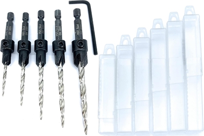 Wood Countersink Drill Bit Set 5 Pc Countersink Drill Bit #4, 6, 8, 10, 12, with 6 Storage Containers for Tapered Countersink Drill Bits with 1/4" Hex Shank Quick Change and Allen Wrench
