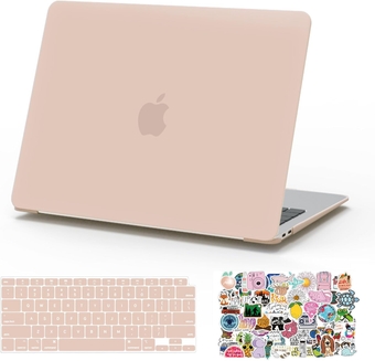 JOO Compatible with MacBook Air 13 Inch Case 2021 2020 2019 2018 Release M1 A2337 A2179 A1932, Slim Matte Plastic Hard Shell Case & 50PCS Laptop Sticker & Keyboard Cover, Camel