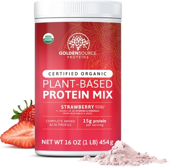 GoldenSource Proteins, Strawberry, Plant Based Protein Powder, Protein Mix, Protein Powder with 22 Vitamins & Minerals, 15g of Protein & Complete Amino Acid Profile, Vegan Protein Powder