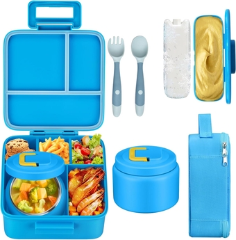 Kids Bento Lunch Box Set With 8oz Soup Thermo, Leakproof Lunch Containers with 5 Compartment, Thermo Hot Food Jar and Insulated Lunch Bag, BPA Free,Travel, School -Blue