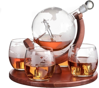 Etched World Decanter whiskey Globe -    Whiskey Gift Set Globe Decanter with Antique Airplane, Whiskey Stones and 4 World Map Glasses, Pilot Gift - Alcohol Related Gift, HOME BAR DÉCOR