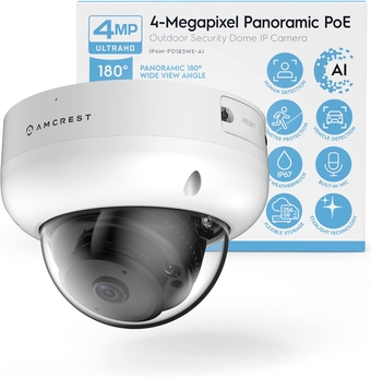 Panoramic IP POE Camera, 180° Panoramic 4-Megapixel POE IP Dome Camera, Security Outdoor Camera, 50ft Nightvision, IVS Features and People Counting, MicroSD Recording, IP4M-PD183EW-AI White