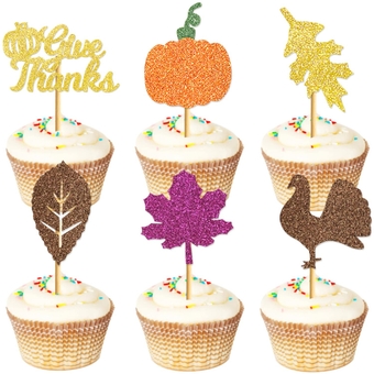 24Pcs Thanksgiving Cupcake Toppers Glitter Turkey Pumpkin Autumn Fall Maple Leaf Cupcake Decorations Give Thanks Decorations for Happy Thanksgiving Day Theme Party Supplies