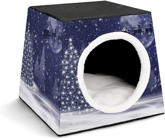Printed Pet House for Cats or Small Dogs Indoor Cat Bed Sofa Outdoor Cat Cube Condo Night Santa Claus