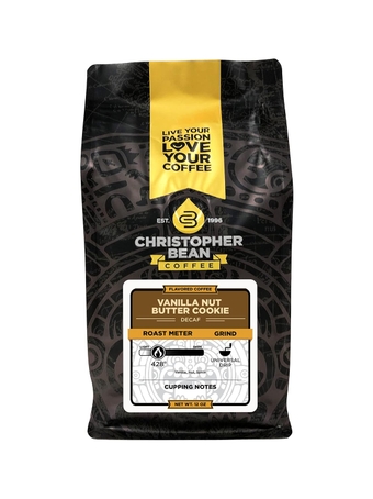 Christopher Bean Coffee - Vanilla Nut Butter Cookie Flavored Coffee, (Decaf Ground) 100% Arabica, No Sugar, No Fats, Made with Non-GMO Flavorings, 12-Ounce Bag of Decaf Ground coffee