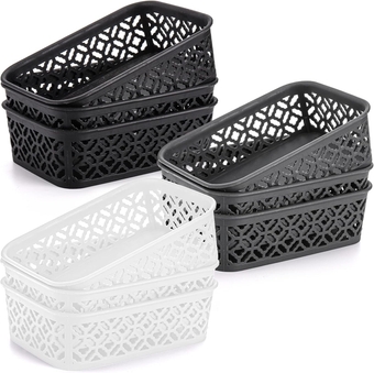 9 Pack Small Plastic Storage Baskets, Woven Design, Sturdy, Black, Gray, White, 7.7" L x 5.5" W x 2.4" H