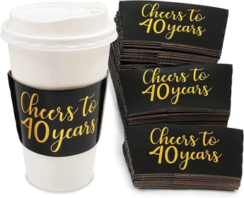 Cheers to 40 Years Coffee Cup Drink Sleeves for 40th Anniversary or Birthday, Fits 12-16 oz Cups (Gold Foil, 50 Pack)