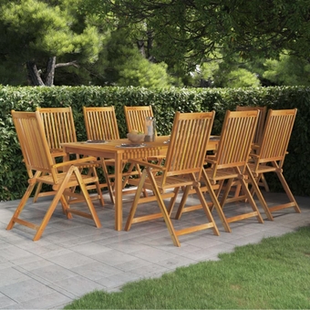 9 Piece Patio Dining Set Solid Wood Acacia, Outdoor Wooden Dining Table and Reclining Chairs with Umbrella Hole Set, for Garden, Backyard, Deck, Poolside, Balcony -3183-AA