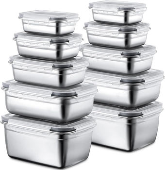 10 Pcs Stainless Steel Food Storage Containers with Lids Metal Meal Prep Containers Rectangular Bento Lunch Box Set Leak Proof Airtight for Adults Dishwasher Microwave Refrigerator (Dark Gray)