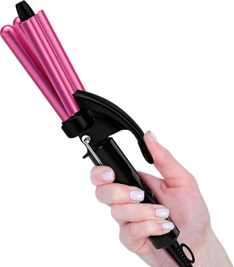 1/2 Inch Mini Hair Crimper Iron for Beach Waves - 3 Barrel Curling Iron with Keratin & Argan Oil, Dual Voltage, Pouch Bag